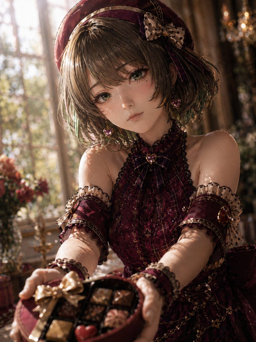 Photoreal Valentine Idol Portrait 的 Qwen Image 提示词示例图：This prompt generates a realistic fashion-style portrait of a young woman in a burgundy Valentine idol costume offering a...