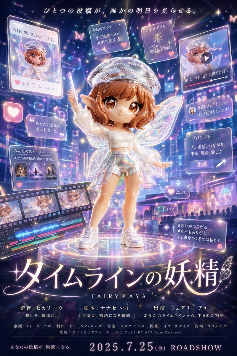 Fantasy Social Media Movie Poster Qwen Image prompt example: This prompt generates a glossy anime-fantasy theatrical poster that turns a fairy-like social media persona into the...