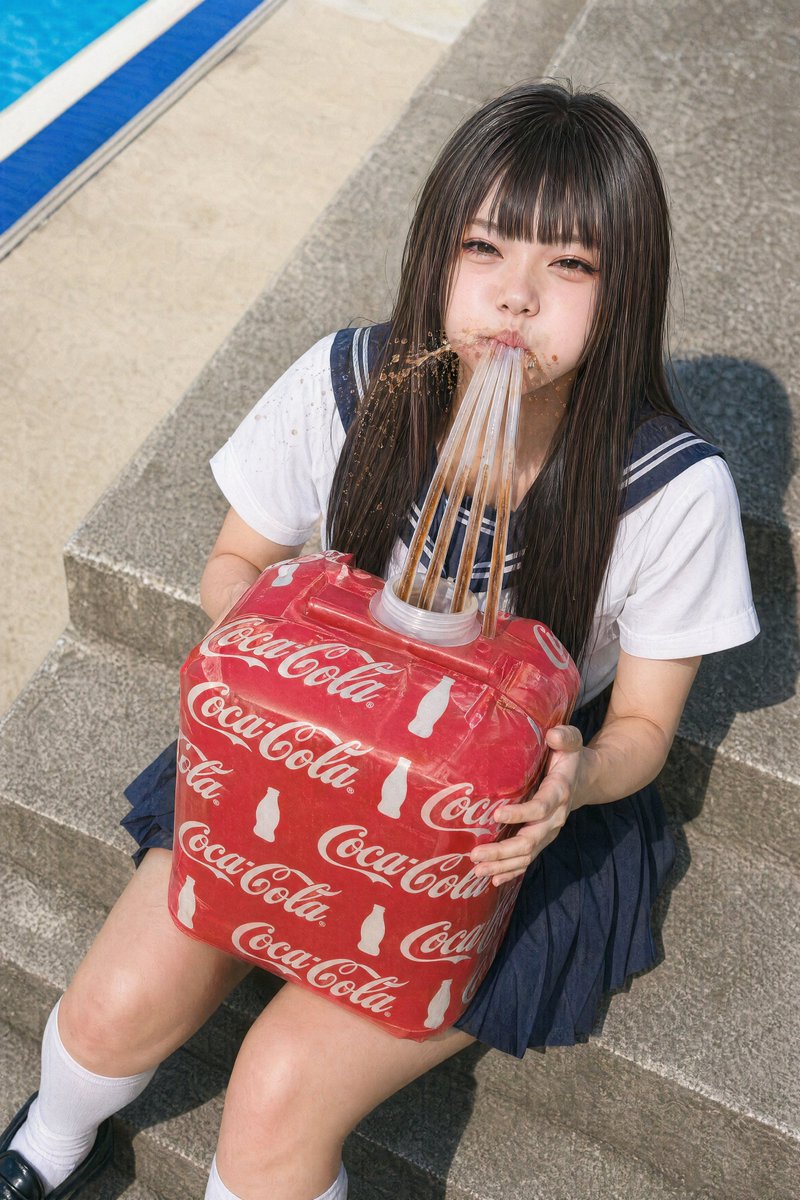 Schoolgirl With Giant Soda Cube のQwen Imageプロンプト例: A realistic vertical photo of a schoolgirl in a sailor uniform sitting poolside with an oversized branded soda container and...