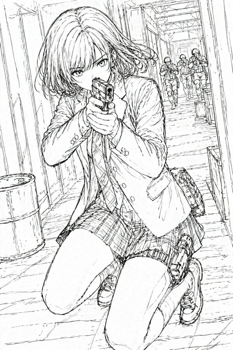 Anime Schoolgirl Gunfight on Industrial Walkway Qwen Image prompt example variation 2: This prompt generates a cinematic anime action scene of an armed schoolgirl in an...