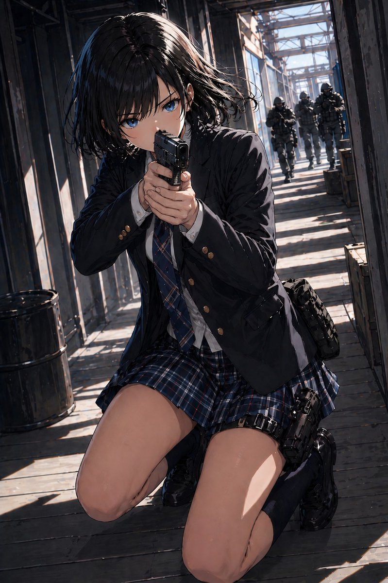Anime Schoolgirl Gunfight on Industrial Walkway Qwen Image prompt example: This prompt generates a cinematic anime action scene of an armed schoolgirl in an industrial corridor,...