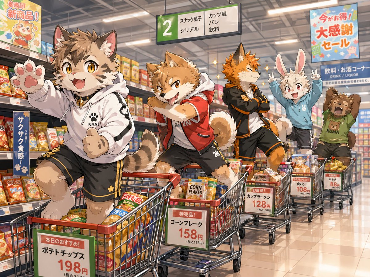 Anime Mascots in Supermarket Carts Qwen Image 프롬프트 예시: This prompt generates a lively anime supermarket scene with five mascot-like characters riding snack-filled shopping carts,...