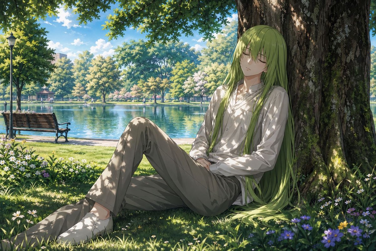 Enkidu Resting by a Lakeside Tree Qwen Image prompt example: This prompt generates a tranquil anime-style character illustration of a long-haired Enkidu-like figure relaxing...