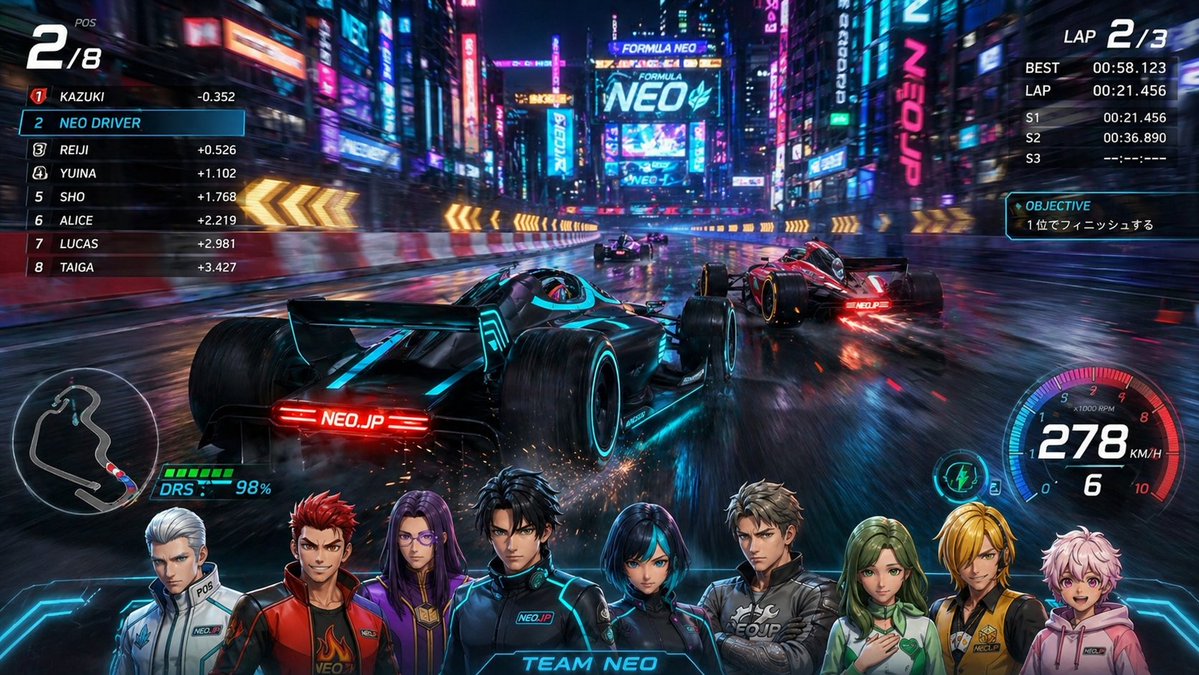 Cyberpunk Formula Neo Racing HUD Qwen Image prompt example: This prompt generates a high-energy futuristic racing game poster with a full esports HUD, neon city track, multiple...