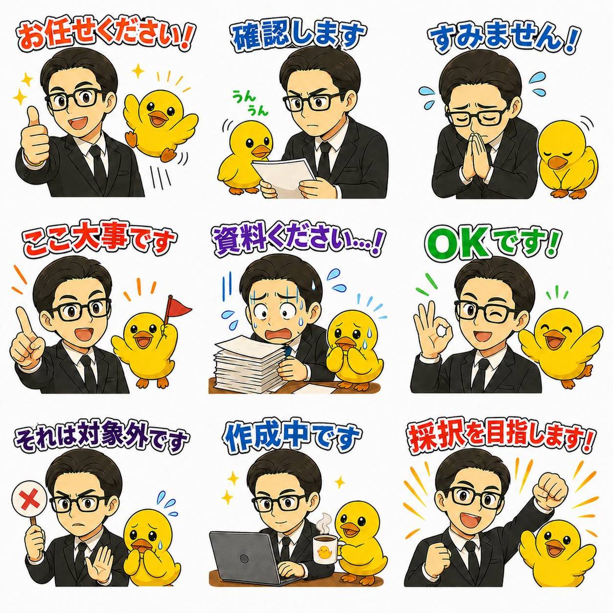 Japanese Office LINE Sticker Sheet Qwen Image prompt example: A 3x3 sample sheet of cute Japanese LINE-style stickers featuring a businessman and yellow chick mascot for office...