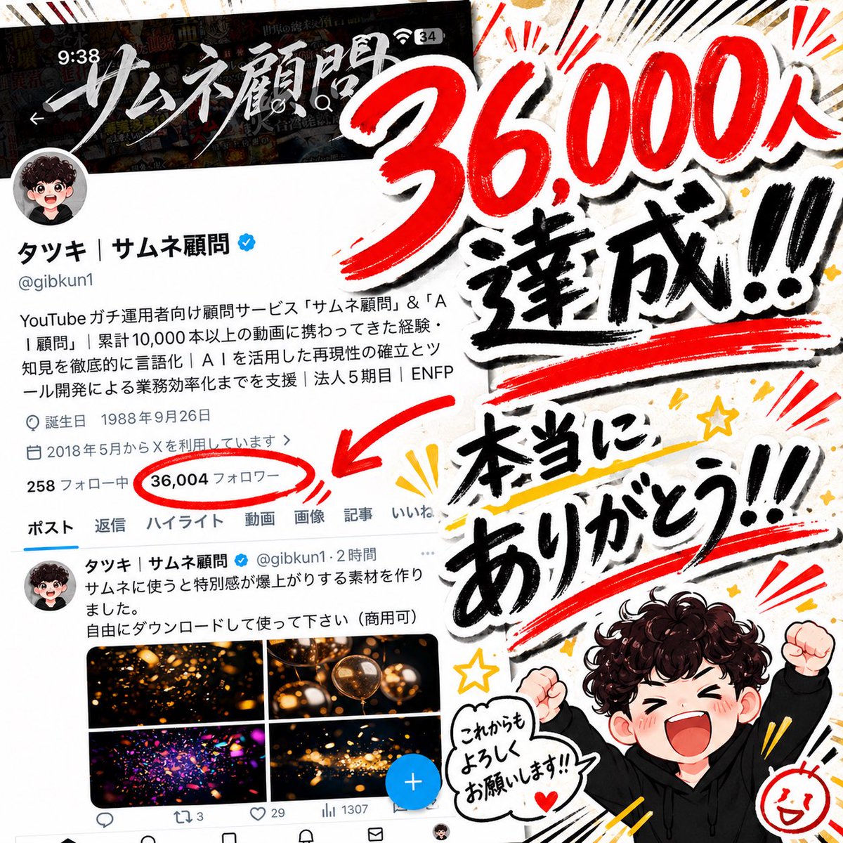 Japanese 36,000 Followers Celebration Post Qwen Image 프롬프트 예시: A high-energy Japanese social media celebration graphic for announcing a follower milestone, ideal for X, video...