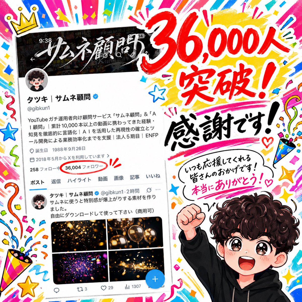 Japanese 36K Followers Celebration Poster Qwen Image 프롬프트 예시: A vibrant social-media milestone graphic celebrating 36,000 followers, useful for announcement posts, fan-thank-you...