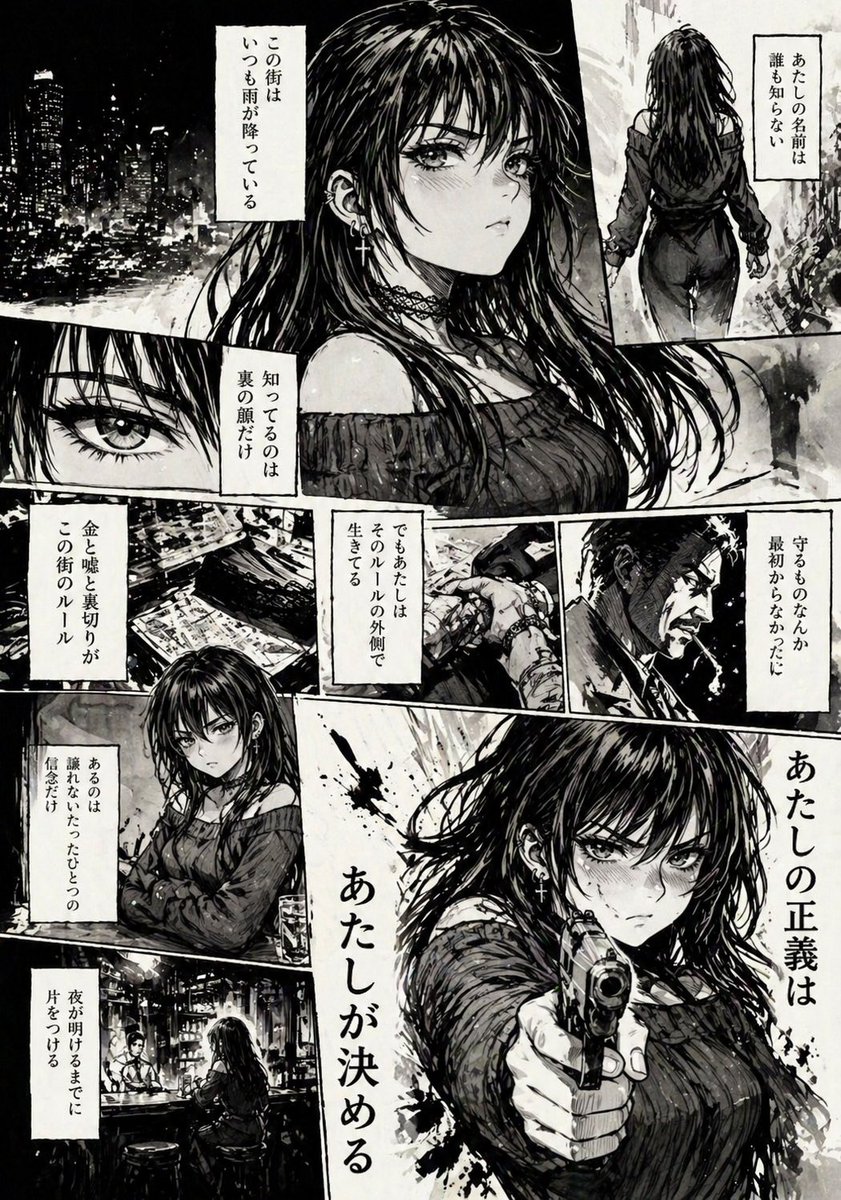 Hard-Boiled Noir Manga Woman Page Qwen Image 프롬프트 예시: A dramatic black-and-white manga page featuring a mysterious female vigilante in a rain-soaked crime noir setting, ideal for...