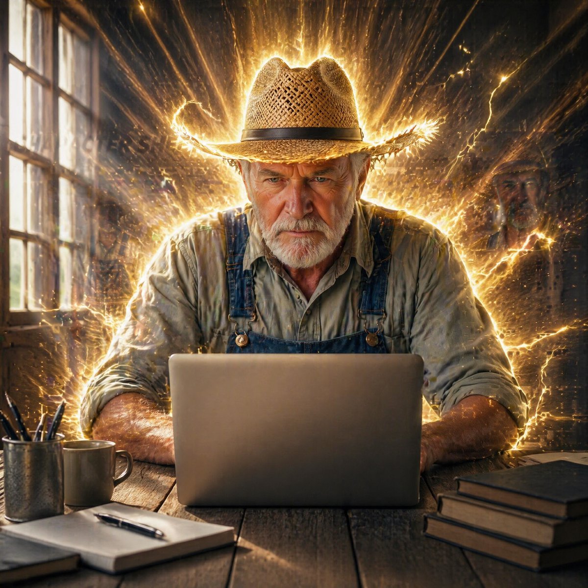 Farmer in Deep Work Aura Qwen Image prompt example: This prompt generates a dramatic photorealistic image of a rural worker using a laptop while surrounded by explosive golden...