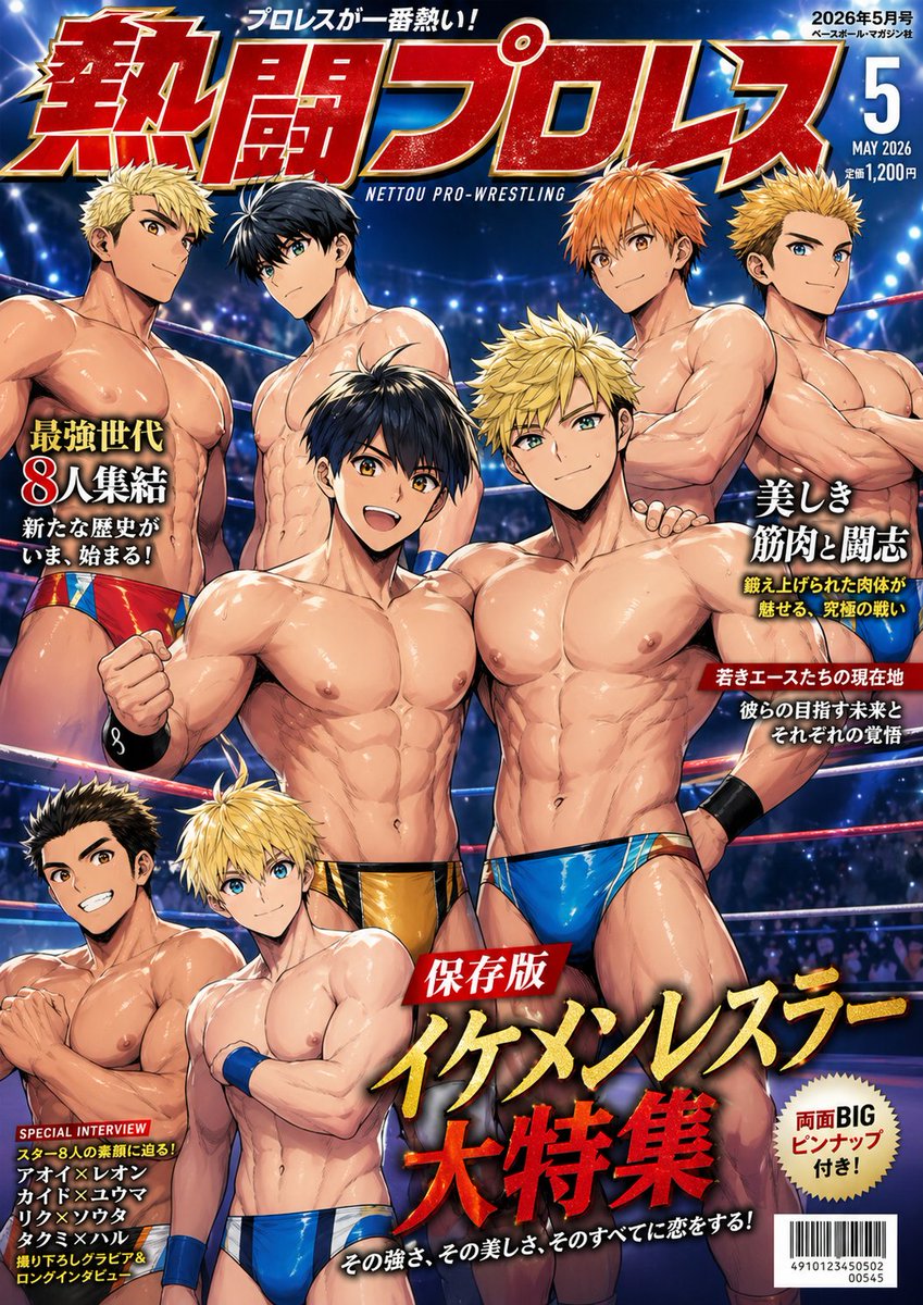 Japanese Pro Wrestling Magazine Cover Qwen Image prompt example: A flashy illustrated Japanese wrestling magazine cover featuring eight muscular male wrestlers, dramatic arena...