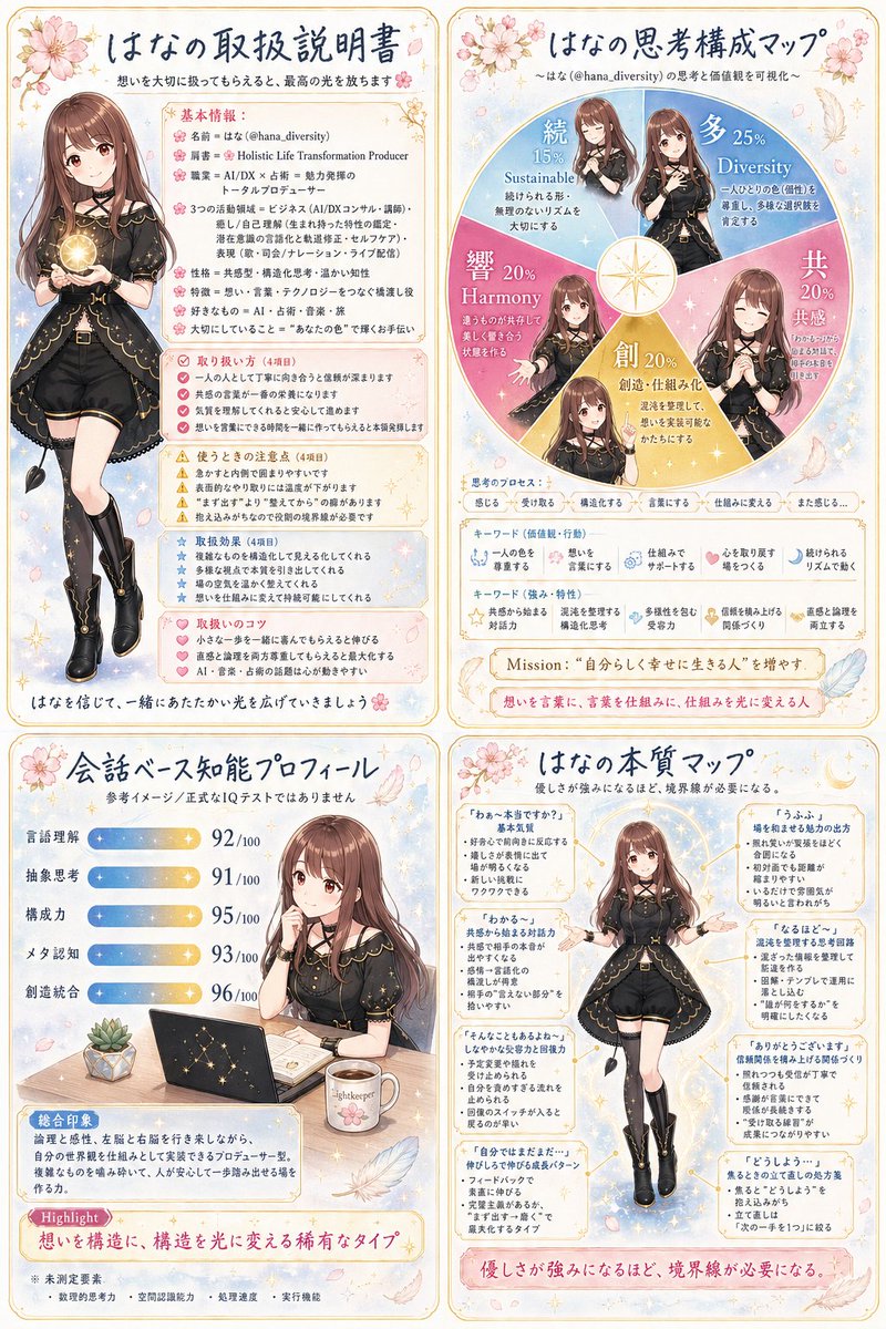 Anime Personality Infographic Poster GPT Image 2 prompt example: A polished Japanese-style anime character infographic poster for personal branding, profile visualization, or...