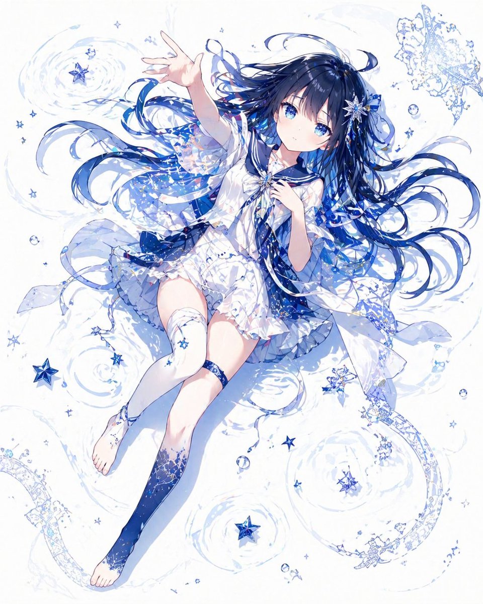 Celestial Blue Anime Girl Floating Qwen Image 프롬프트 예시: A polished anime-style full-body character illustration of a floating star-themed girl, ideal for fantasy key art, social...