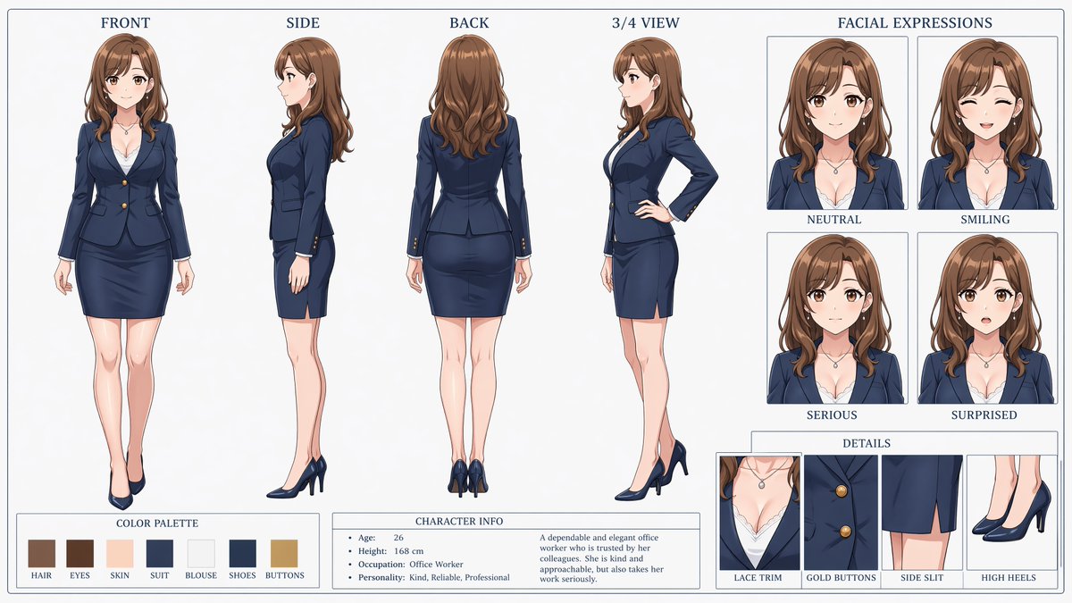 Anime Office Lady Reference Sheet のQwen Imageプロンプト例: A polished anime-style character turnaround sheet for an elegant adult office worker, useful for character design, visual...