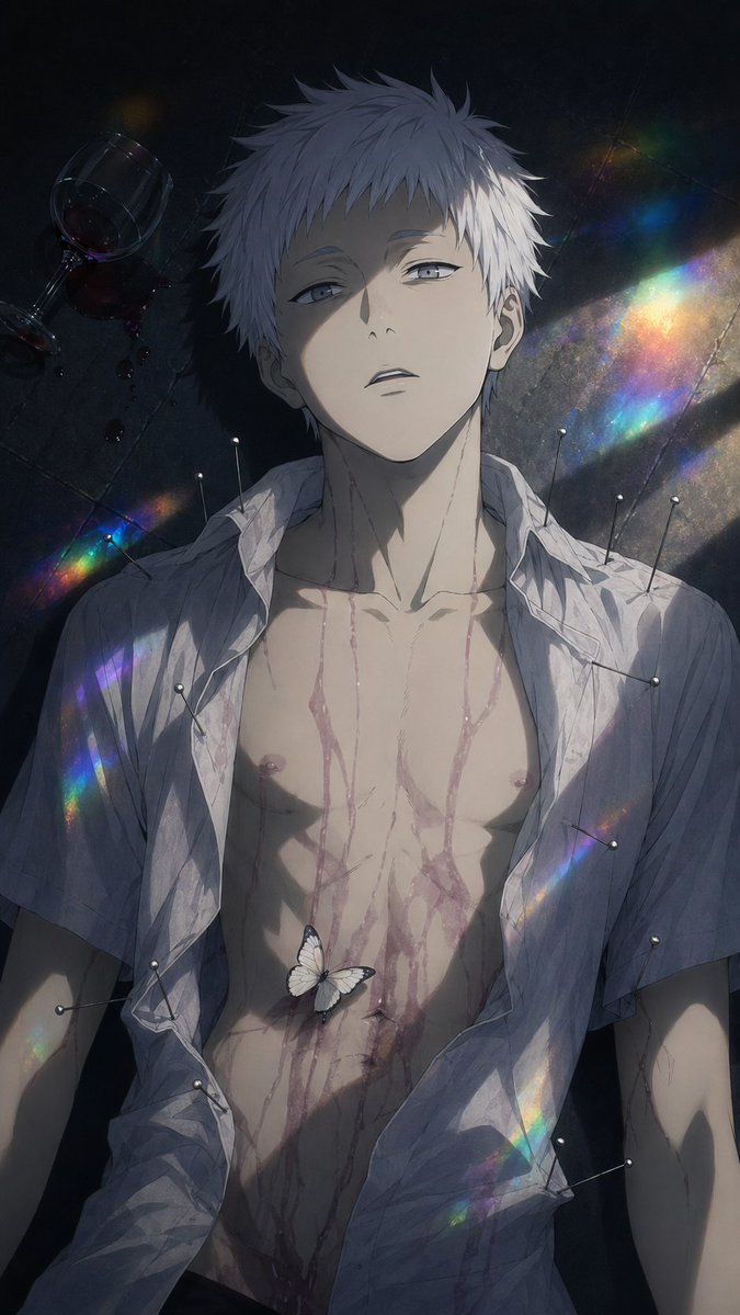 Dark Anime Boy with Pins and Prism Light のQwen Imageプロンプト例: This prompt generates a dramatic single-panel anime illustration of a wounded young man on the floor with symbolic...