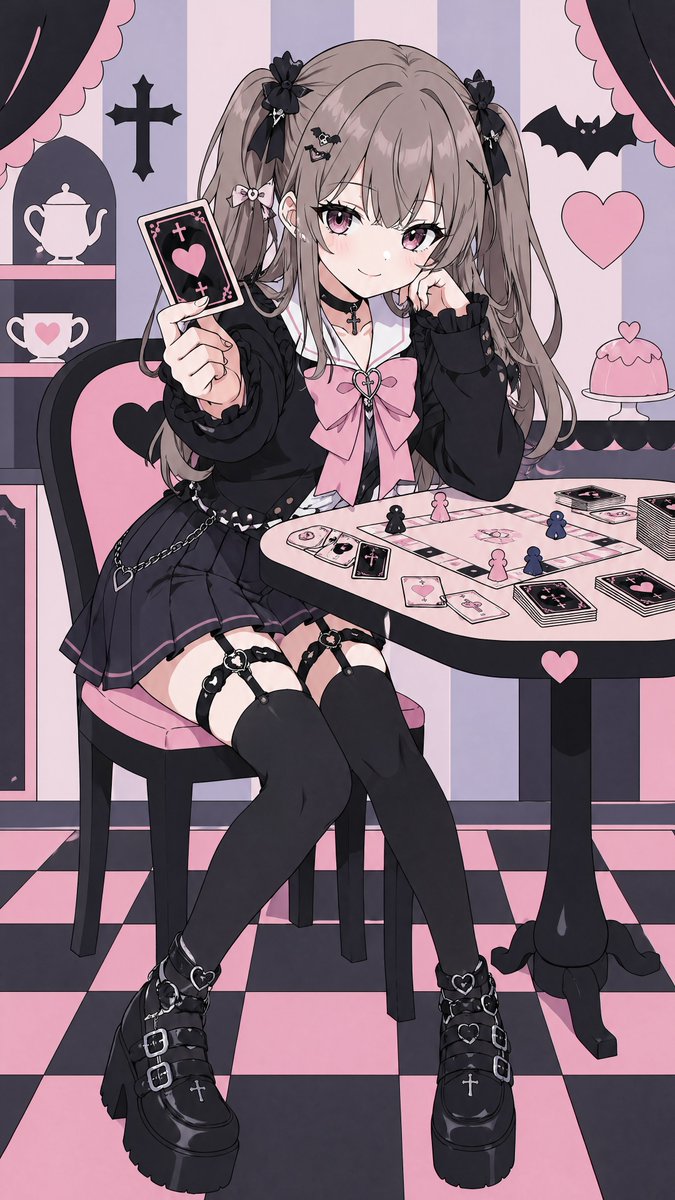 Pastel Goth Girl Playing Cards のQwen Imageプロンプト例: This prompt generates a full-body anime pastel-goth girl in a cute gothic tea-room, ideal for character art, social media...