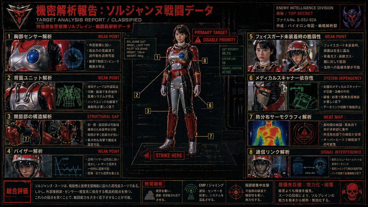 Classified Tokusatsu Target Analysis Poster Qwen Image prompt example: A dense Japanese sci-fi intelligence dossier poster showing a red armored heroine with numbered weak-point...