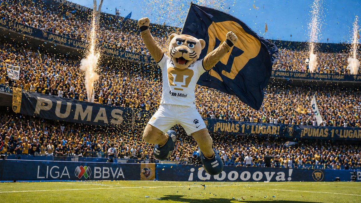 Pumas Mascot Stadium Victory 的 Qwen Image 提示词示例图:This prompt generates a cinematic, ultra-realistic soccer stadium celebration image featuring a triumphant puma mascot leaping...
