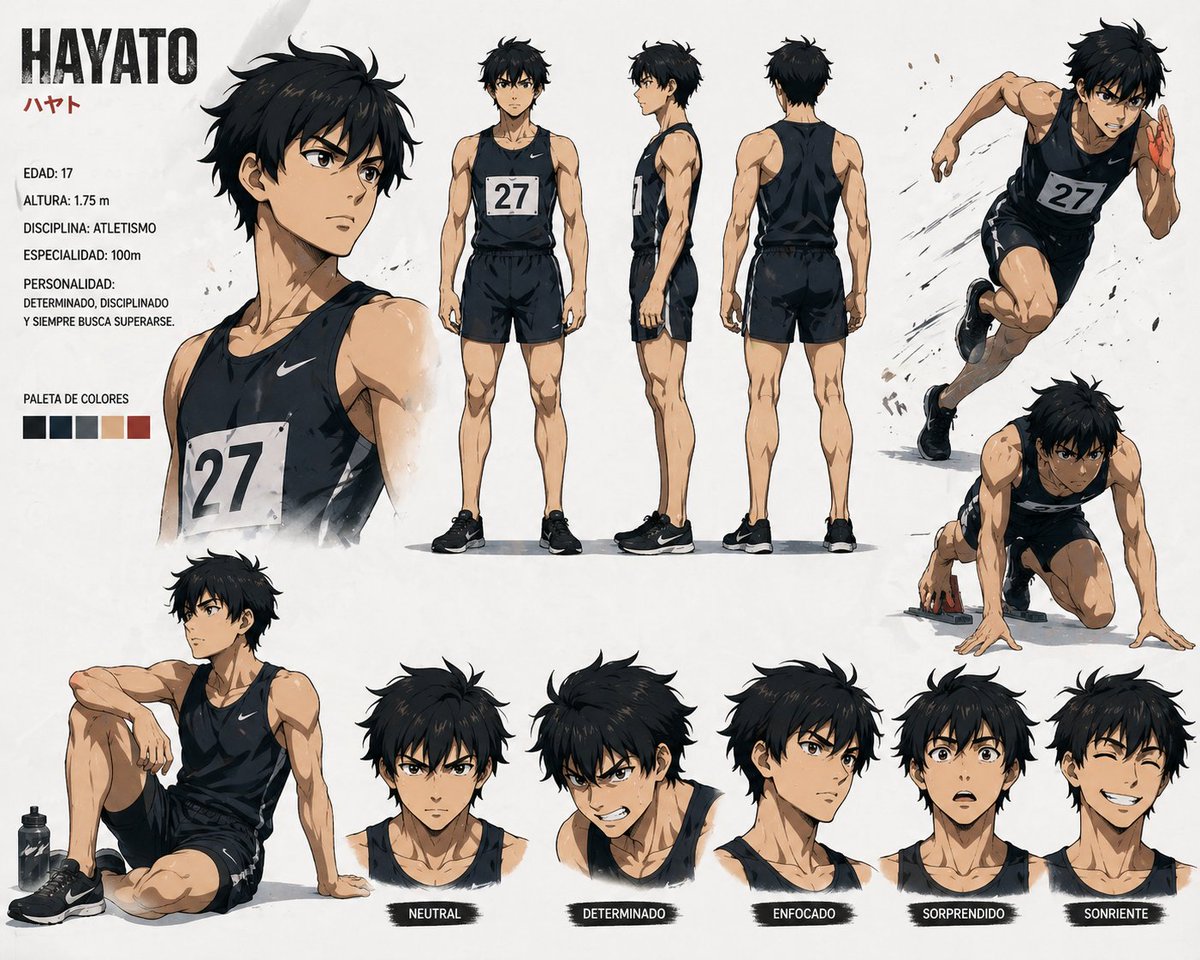 Anime Sprinter Character Sheet Qwen Image prompt example: A polished anime-style athlete reference sheet for character design, showcasing a teenage sprinter with turnaround...
