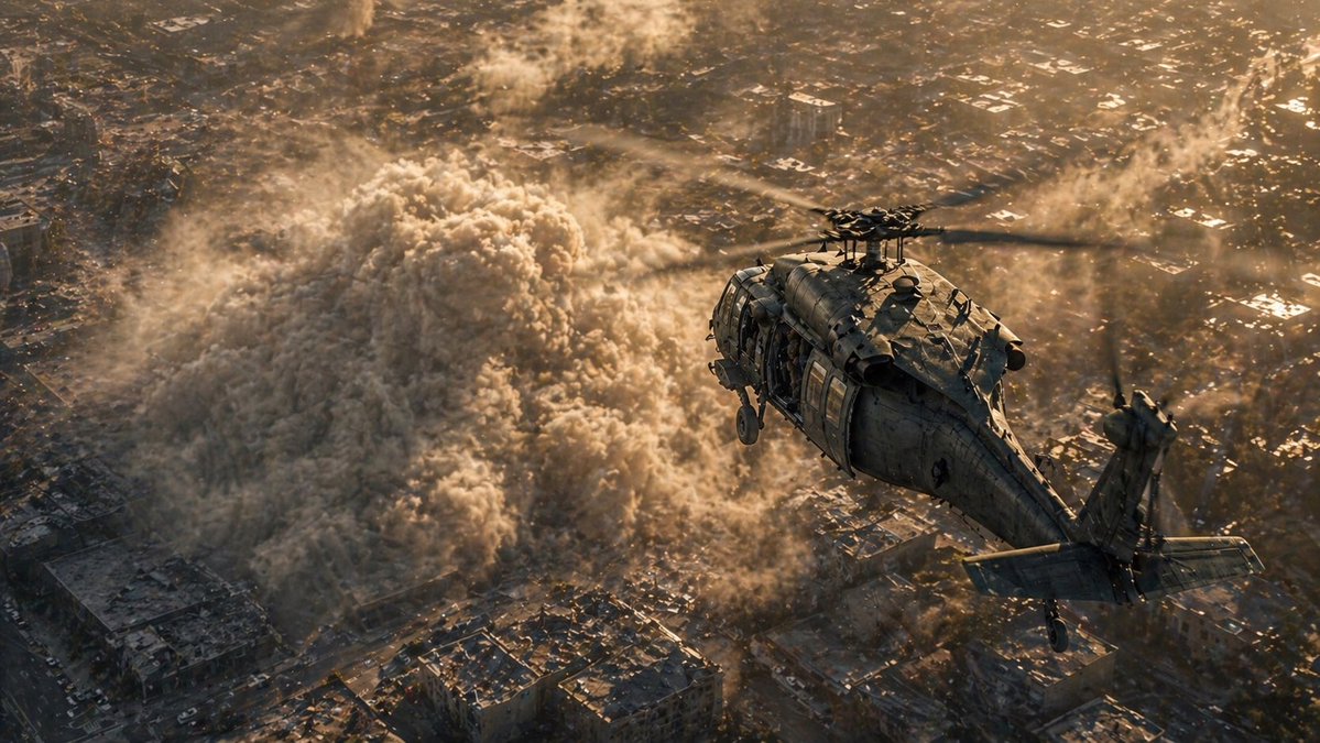 Helicopter Over Urban Dust Cloud GPT Image 2 prompt example: A photorealistic cinematic prompt for generating a dramatic aerial helicopter scene above a city engulfed by a...