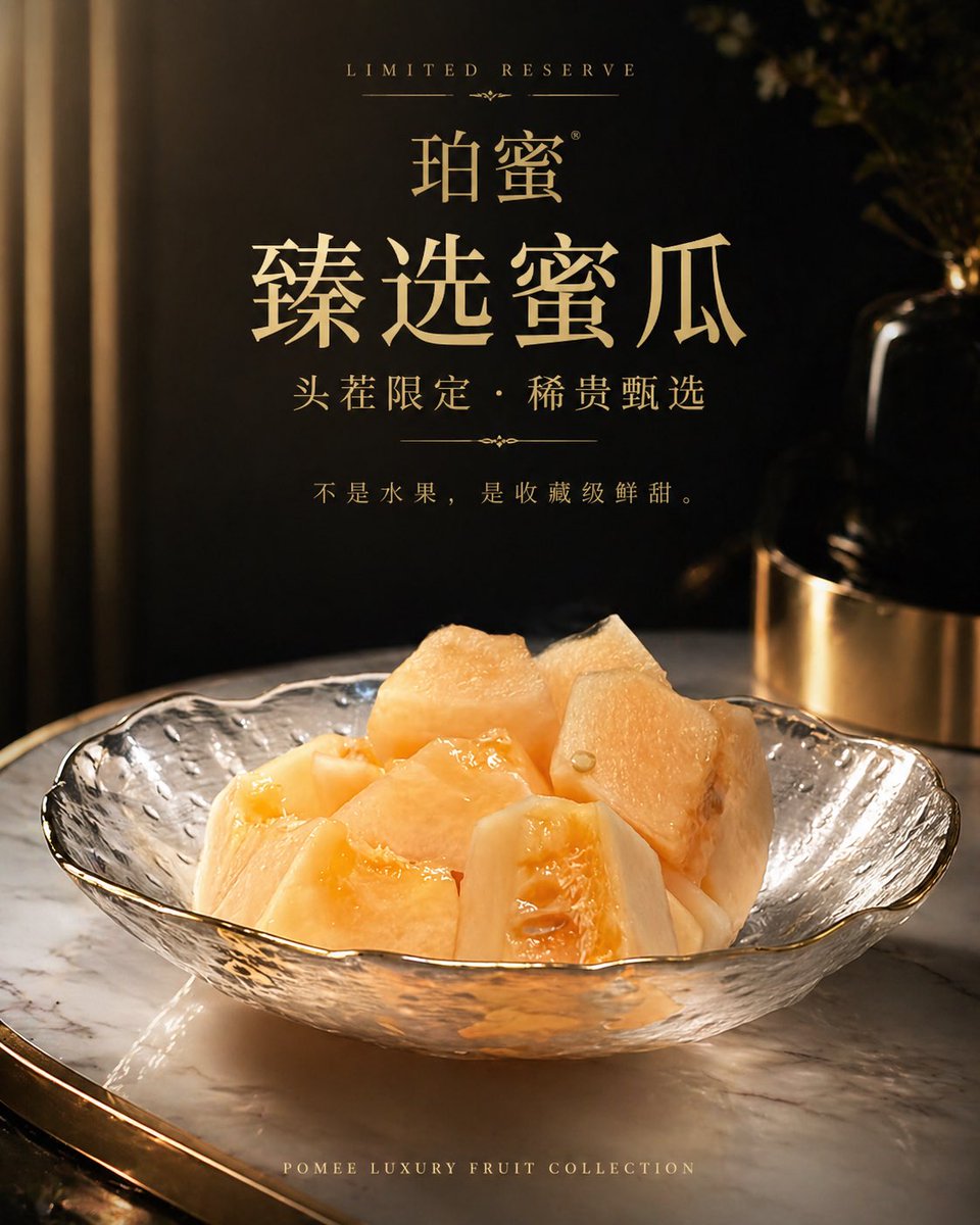 Luxury Melon Poster from Food Reference Qwen Image prompt example: This prompt turns a simple reference photo of cut melon into a polished high-end promotional poster for premium...