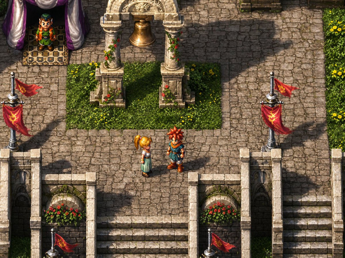 Isometric JRPG Town Plaza Scene のQwen Imageプロンプト例: This prompt generates a nostalgic isometric fantasy RPG town square with two central characters, suitable for retro game art,...