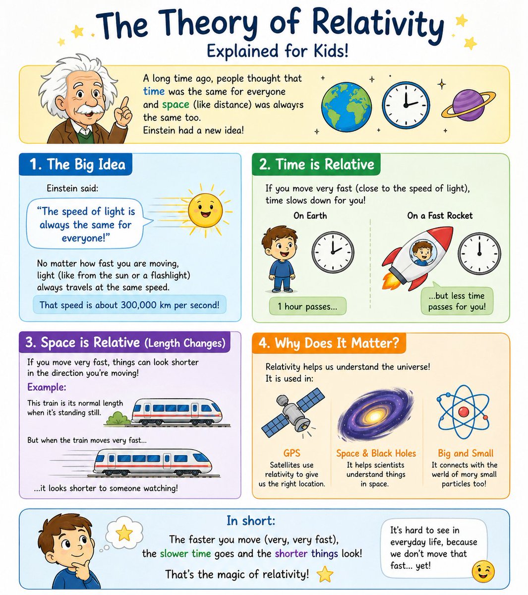 Kids Relativity Infographic Poster Qwen Image prompt example: A colorful educational poster explains relativity for children using four labeled sections, cute cartoons, and...