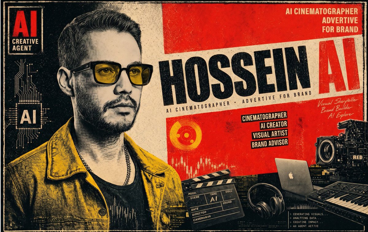 Retro AI Creative Brand Poster Qwen Image 프롬프트 예시: A gritty vintage-style cinematic branding poster for an AI creative professional, ideal for personal brand visuals, social...
