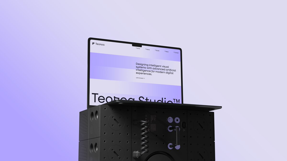 Minimal Laptop on Industrial Pedestal Qwen Image prompt example: A sleek editorial-style 3D render of a laptop showing a modern design studio website on top of a futuristic...