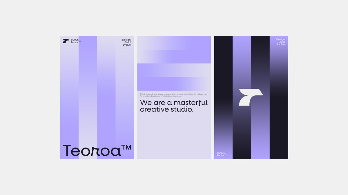 Minimalist Purple Brand Poster Triptych Qwen Image prompt example: A clean three-panel branding poster composition for a futuristic creative studio, ideal for design portfolio...