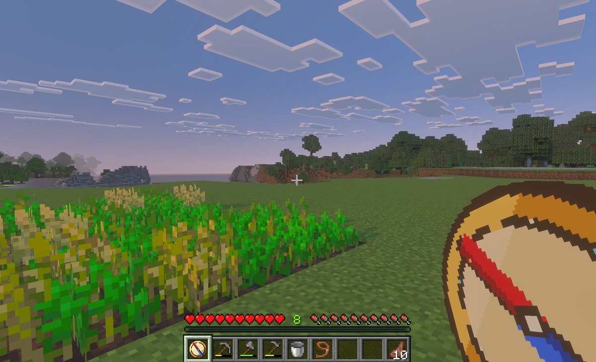 Minecraft Teleport Compass Screenshot 的 Qwen Image 提示词示例图:This prompt generates a Minecraft-style first-person gameplay image featuring a custom teleport compass tool, suitable...