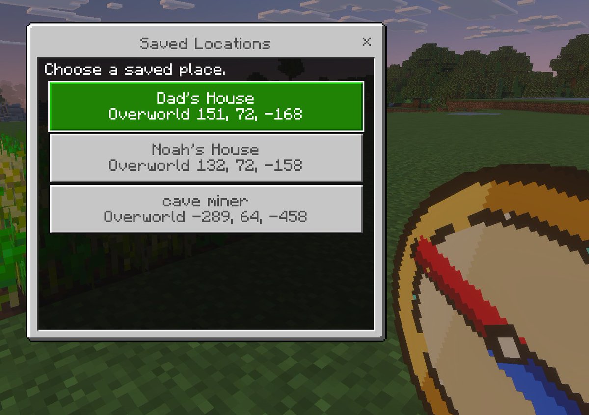 Minecraft Saved Locations UI Mockup 的 GPT Image 2 提示词示例图：A pixel-art Minecraft-style first-person screenshot featuring a custom saved-locations menu, useful for showcasing game...