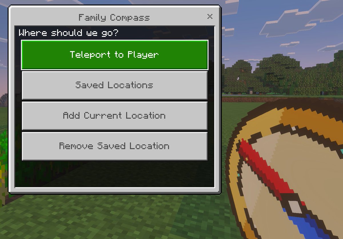 Minecraft Family Compass UI Qwen Image prompt example: A Bedrock-style Minecraft screenshot mockup featuring a custom teleport menu and handheld compass, ideal for showcasing a...
