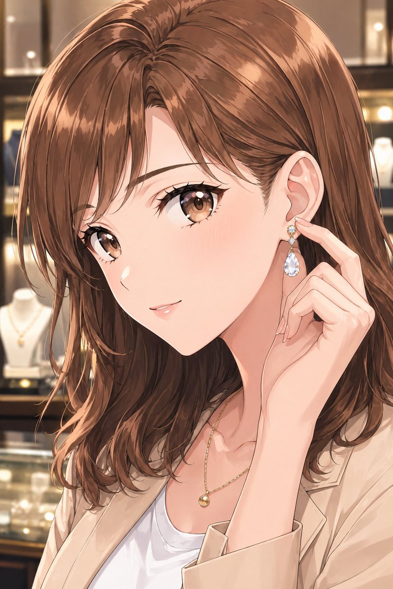 Elegant Office Lady in Jewelry Store GPT Image 2 prompt example: This prompt generates a polished anime-style close-up of a fashionable adult woman trying on jewelry in a...