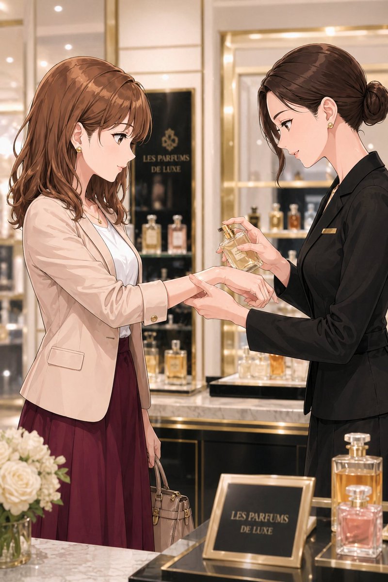 Luxury Perfume Counter Office Lady Scene Qwen Image prompt example: This prompt generates an elegant anime-style illustration of an office lady testing perfume with a beauty...