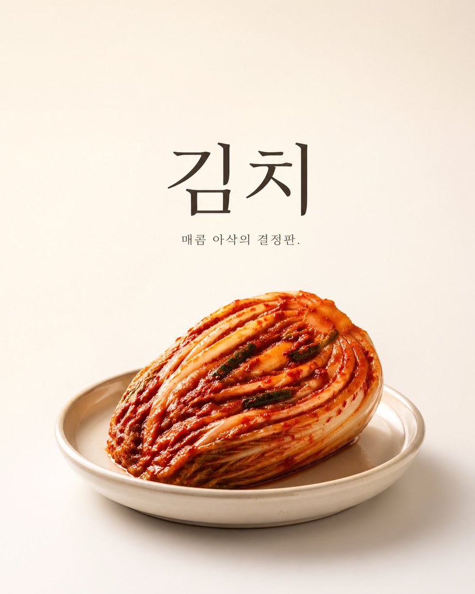 Minimalist Kimchi Ad Poster Qwen Image prompt example: A clean premium poster-style food image of kimchi on a ceramic plate, ideal for Korean food branding, restaurant ads, or...
