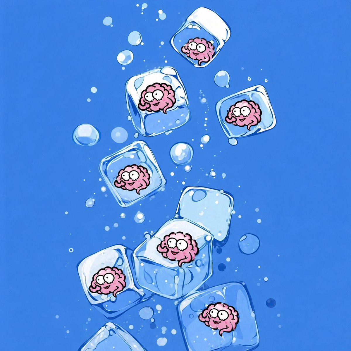 Cute Brains Frozen in Ice Cubes のQwen Imageプロンプト例: A playful cartoon-style square illustration showing seven pink brain characters trapped inside floating ice cubes underwater,...