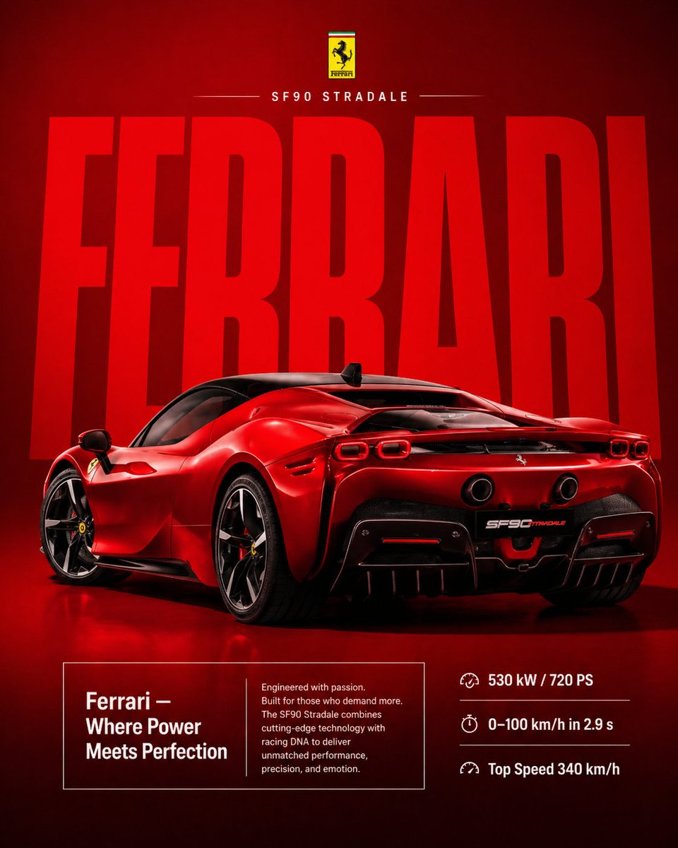Premium Ferrari Advertisement Poster Qwen Image prompt example: A high-end automotive marketing prompt for creating a professional car poster with dramatic lighting and luxury...