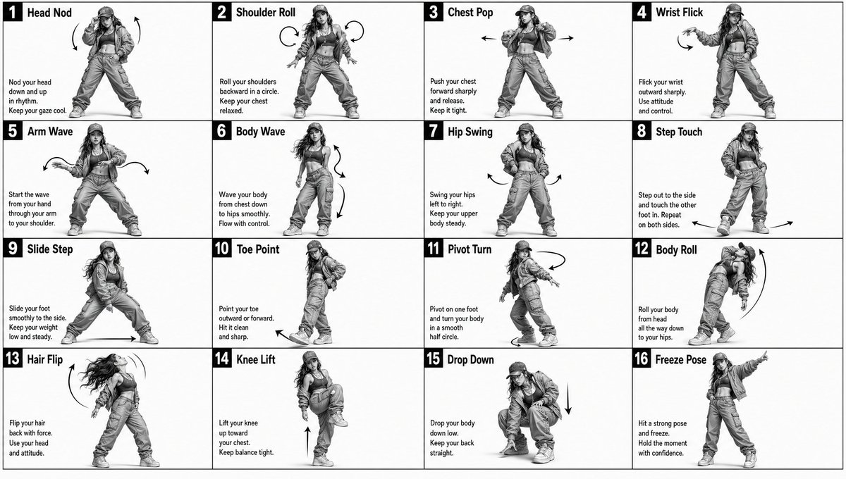 Dance Movement Reference Sheet GPT Image 2 prompt example: A technical prompt for creating a 4x4 grid movement sheet for a dancer, designed as a 3D-rendered character reference...