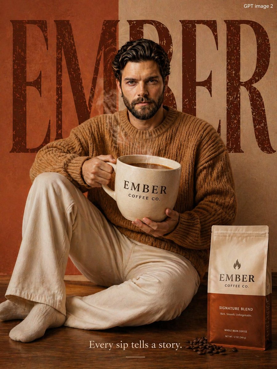 Premium Coffee Brand Advertisement GPT Image 2 prompt example: A comprehensive prompt for creating a cozy, high-end coffee brand advertisement featuring a specific person as a...