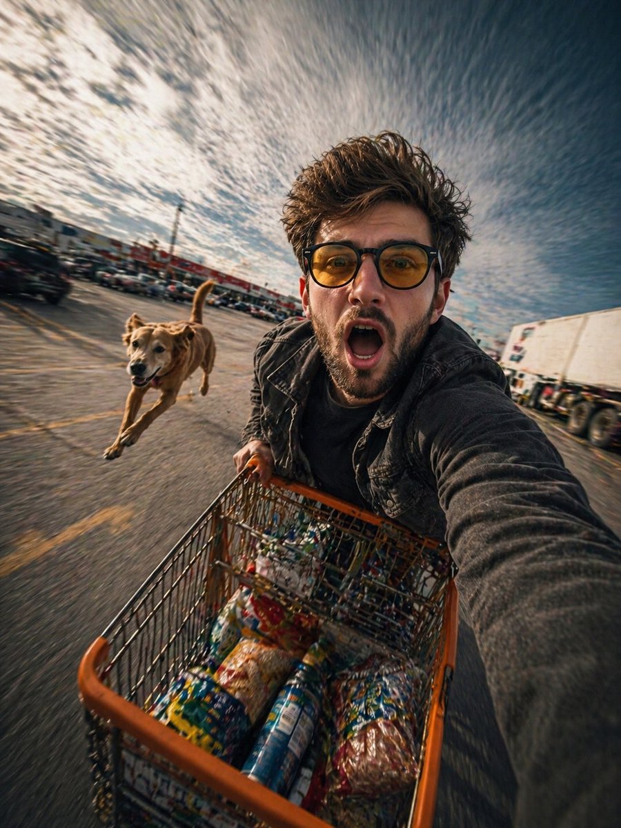 Realistic Action Selfie with Shopping Cart GPT Image 2 prompt example: A dynamic wide-angle selfie prompt featuring a person riding a shopping cart in a parking lot, designed for...