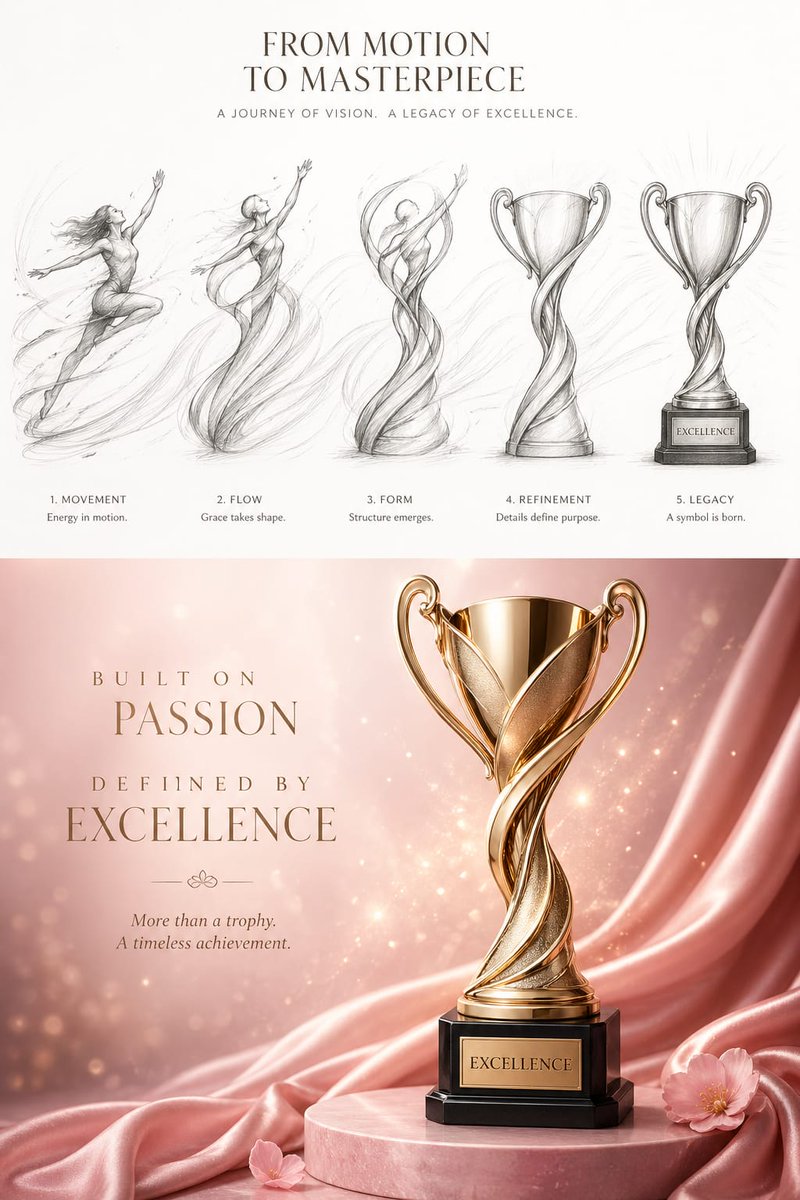 Artistic Luxury Trophy Design Poster のQwen Imageプロンプト例: A sophisticated poster prompt combining a pencil sketch transformation sequence with a hyper-realistic product showcase,...