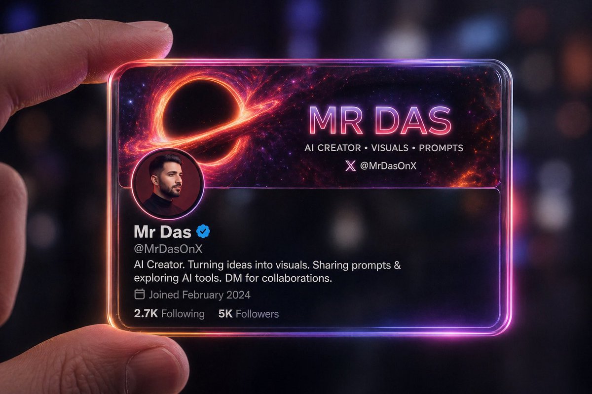 Futuristic Glass Profile ID Card Qwen Image prompt example: A prompt for creating a futuristic 3D render of a transparent social media profile card designed as a glowing glass ID...
