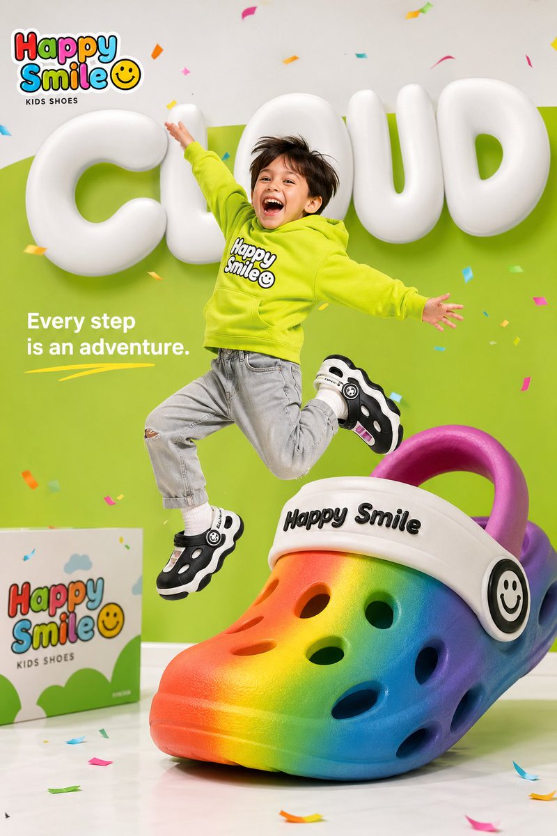 Colorful Children's Shoe Ad Qwen Image 프롬프트 예시: A vibrant and playful advertisement prompt for a children's shoe brand, featuring oversized foam shoes and rainbow props.