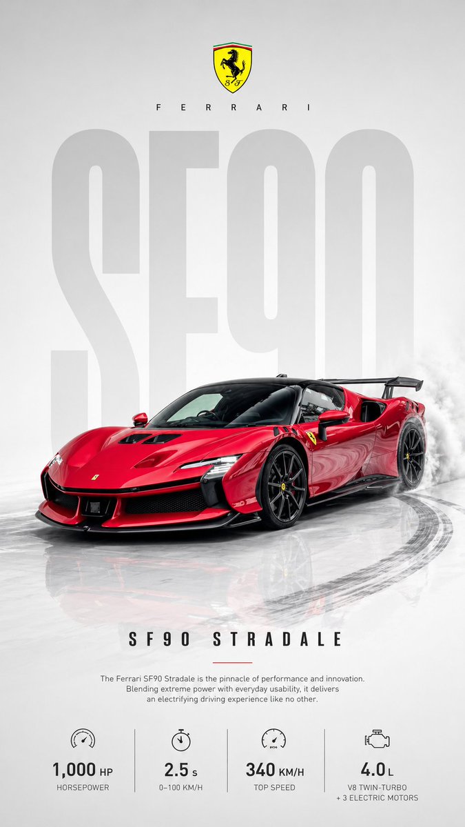 Automotive poster transformation prompt Qwen Image 프롬프트 예시 변형 2: A prompt for transforming a car photo into a professional minimalist advertising poster with drifting effects and...