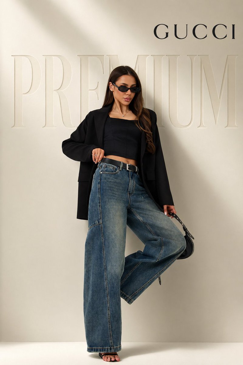Premium fashion campaign prompt GPT Image 2 prompt example: Generates a clean, high-end fashion shot with specific clothing items and 3D text in the background.