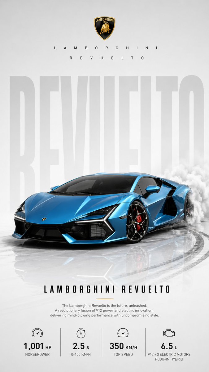 Automotive poster transformation prompt Qwen Image 프롬프트 예시 변형 4: A prompt for transforming a car photo into a professional minimalist advertising poster with drifting effects and...