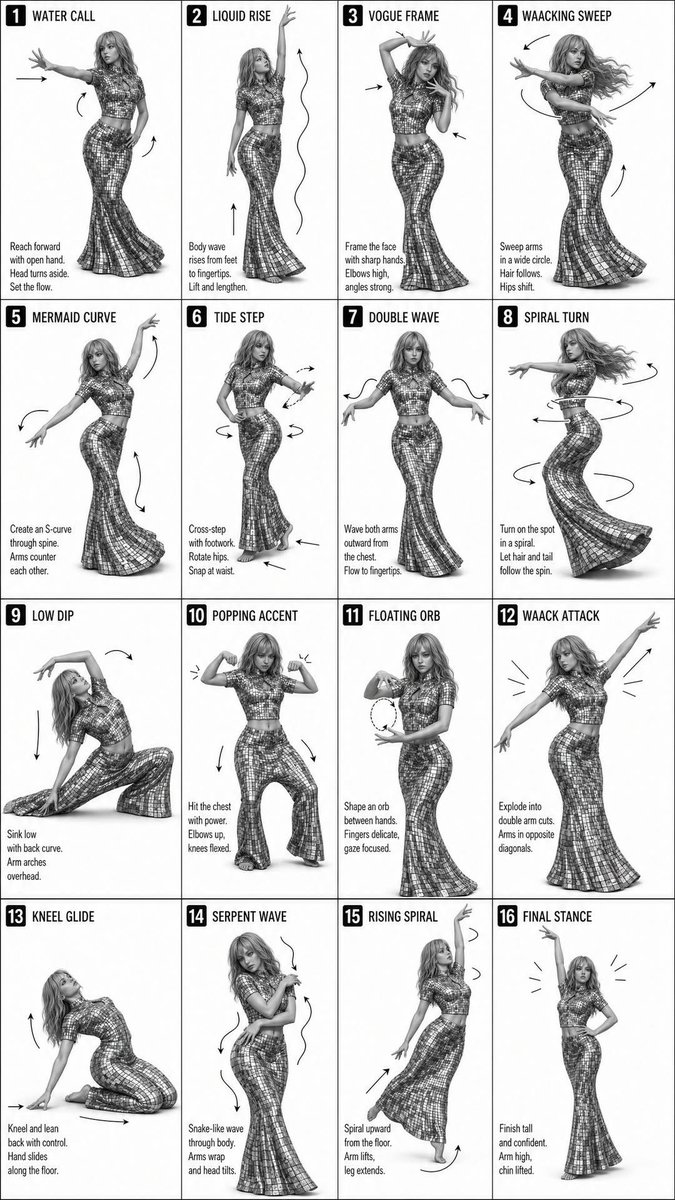 Instructional dance poster prompt Qwen Image 프롬프트 예시: Generates a 16-step grid-based instructional poster for dance sequences in a minimalist monochrome style.