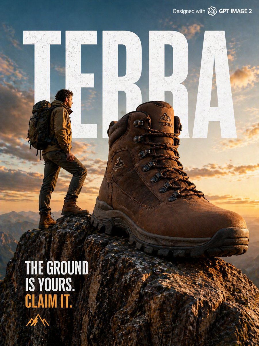 Epic Outdoor Footwear Ad Qwen Image prompt example: A high-octane 8k advertisement prompt for a boots brand, featuring a male model on a cliff and oversized product placement.