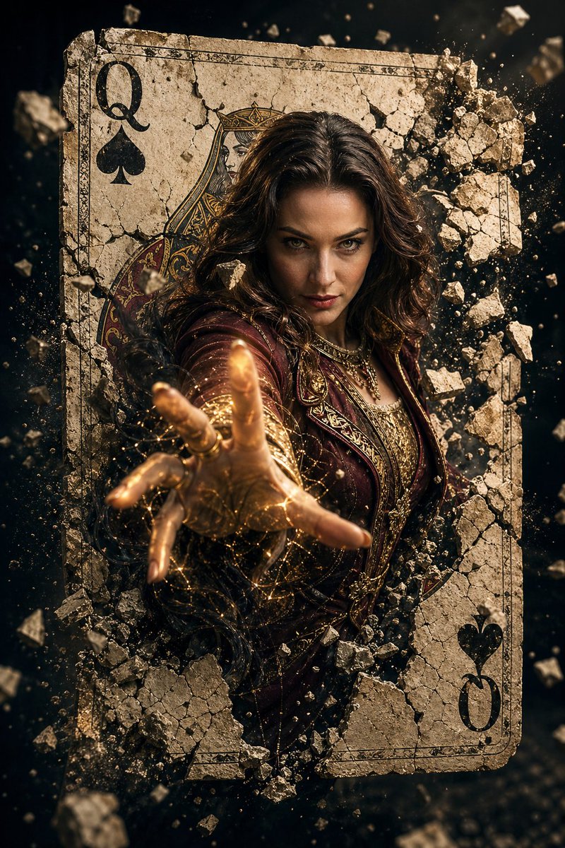 Epic Fantasy Movie Poster 的 Qwen Image 提示词示例图:A cinematic movie poster prompt featuring a female sorcerer bursting through a playing card, utilizing reference photo likeness.