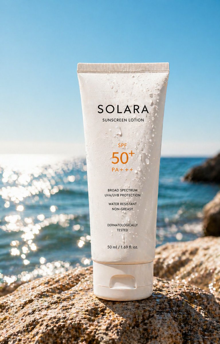 Luxury Sunscreen Product Shot Qwen Image 프롬프트 예시: A minimalist, high-definition stock photo prompt for luxury skincare branding set against a coastal backdrop.